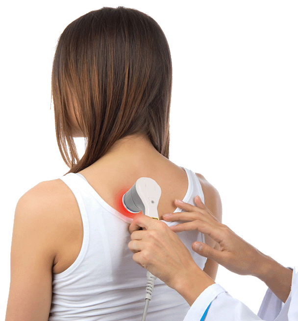 Hight intensity laser therapy is applied to the left upper back of a female patient